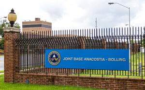 Sign at the entrance to Joint Base Anacostia-Bolling, a 1018 acre military installation, located in Southeast Washington, which was established on Oct. 1, 2010 in accordance with the recommendations of the 2005 Base Realignment and Closure Commission, which consolidated Naval Support Facility Anacostia (NSF) and Bolling Air Force Base (BAFB), which were adjoining, but separate military installations, into a single joint base - one of 12 joint bases formed in the country as a result of the law. (U.S. Navy photo by Lt. Cmdr. Jim Remington/Released.)