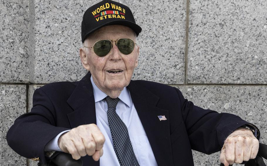 World War II Navy veteran Lt. Cmdr. Jeffrey Donahue, age 100, poses for a photo before the 20th anniversary celebration of the National World War II Memorial in Washington, D.C., May 25, 2024.