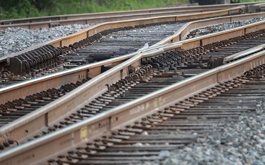 A switch on the Union Pacific Railroad tracks in Leggett, Tex., on April 19, 2023. 