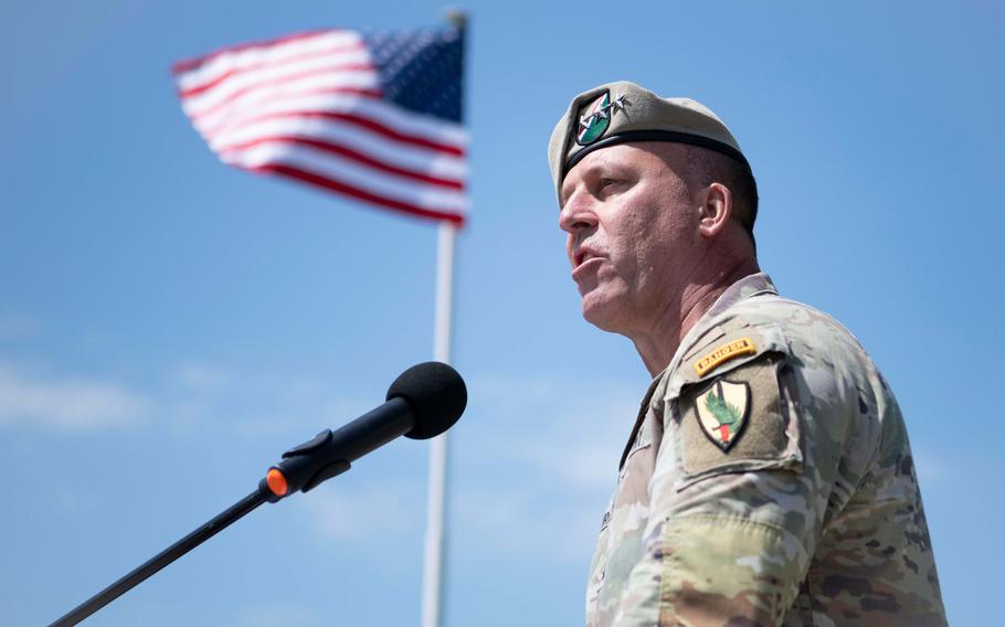 The head of U.S. Central Command, Gen. Michael Erik Kurilla, speaks at a ceremony at Pointe du Hoc, in Normandy, France, Wednesday, June 5, 2024. 