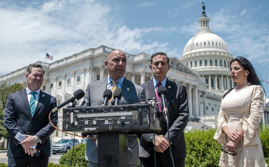 Rep. Jimmy Panetta, D-Calif., speaks during a briefing about the HERO Act on Thursday, July 13, 2023, on the House side of the U.S. Capitol’s east front in Washington, D.C. Looking on are, from left, Rep. Michael Waltz, R-Fla., Rep. Darrell Issa, R-Calif., and lawyer Natalie Khawam.