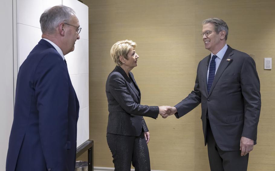 US Secretary of the Treasury Scott Bessent, right, shakes hands with Switzerland’s President Karin Keller-Sutter, center, next to Switzerland’s Economy Minister Federal Councillor Guy Parmelin, left, during a bilateral meeting between Switzerland and the United States, in Geneva, Switzerland, on Friday, May 9, 2025. 