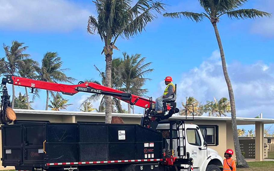 A team from Pacific Federal Management Inc. removes tree stumps from a housing area at Andersen Air Force Base, Guam, on April 21, 2024.