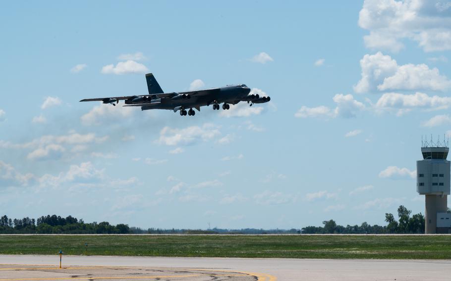 A B-52H Stratofortress takes off.