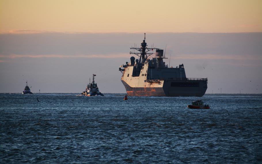 The future USS Fort Lauderdale (LPD 28) departs Huntington Ingalls Shipyard on Jan. 26, 2022, to conduct acceptance trials in the Gulf of Mexico. The amphibious transport dock ship sailed away from its berth at Ingalls Shipbuilding Monday, July 11, headed for the Florida city for which it is named and commissioning into the U.S. Navy fleet.