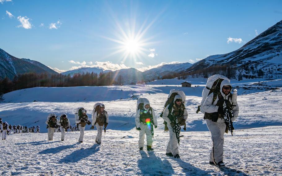 Soldiers of the 173rd Airborne Brigade participate in exercise Steel Blizzard, near Usseaux, Italy, in February 2022. During the Italian army-hosted multinational mountain and Arctic warfare training event, paratroopers learn different methods of operating in mountainous and arctic conditions. 