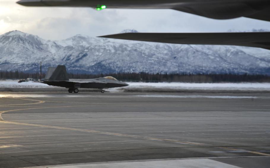 An F-22 Raptor taxis at Joint Base Elmendorf-Richardson, Alaska, March 9, 2019.