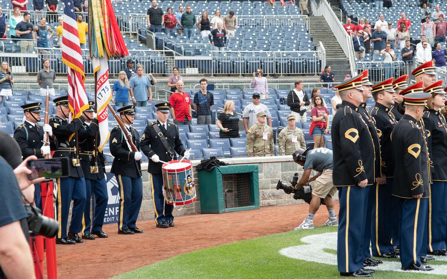 The U.S. Army Color Guard presents the colors during U.S. Army Day at Nationals Park in Washington, D.C., on Friday, June 16, 2023. The Nationals hosted the Miami Marlins.
