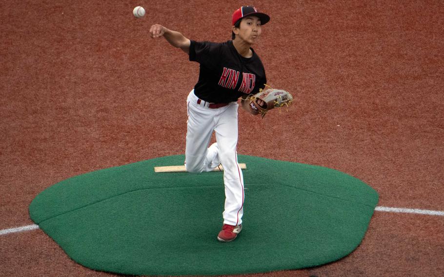Kinnick right-hander Kayden Tam delivers.