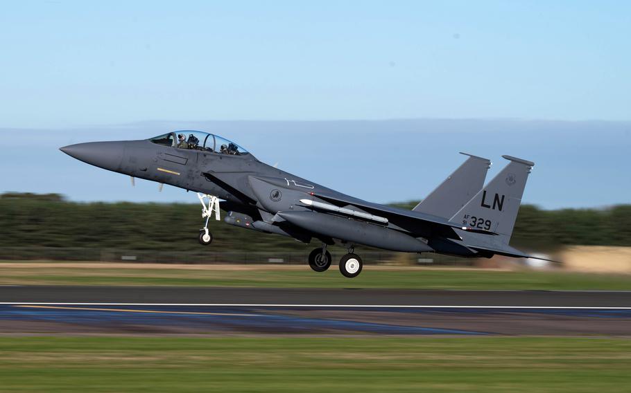 An F-15E Strike Eagle takes off from RAF Lakenheath for training operations in January. The Air Force is sending eight F-15 Eagles to Poland to bolster NATO defenses as Russia continues its military buildup near Ukraine, the Air Force said Feb. 10, 2022.