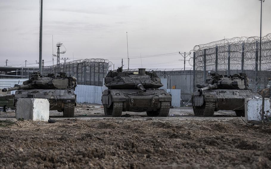 Israeli tanks at the Erez crossing on the Israel-Gaza border on Jan. 20, 2024.