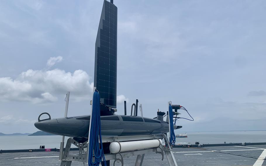 The TRITON drone, manufactured by Gulfport, Miss.-based Ocean Aero, is capable of operating on the surface or underwater. The Navy is testing the drone's capabilities in the Gulf of Guinea during the Obangame Express exercise, which started on May 6, 2024 in Libreville, Gabon. 