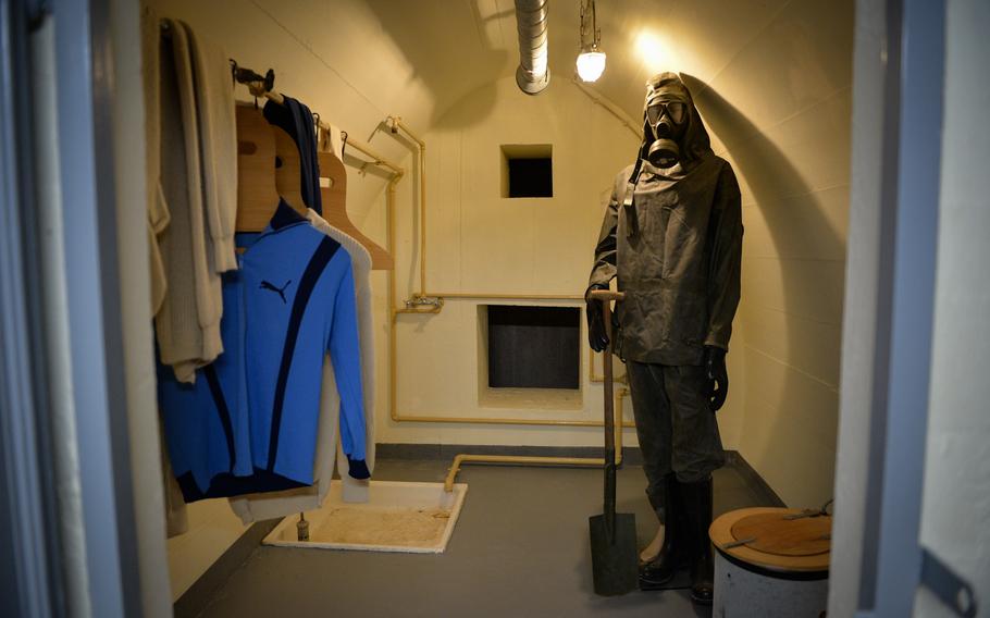 A decontamination chamber at the former federal bank bunker site in Cochem, Germany, was once intended to allow new entries to the site to wash off fallout contamination after traveling to the bunker after a nuclear attack. 
