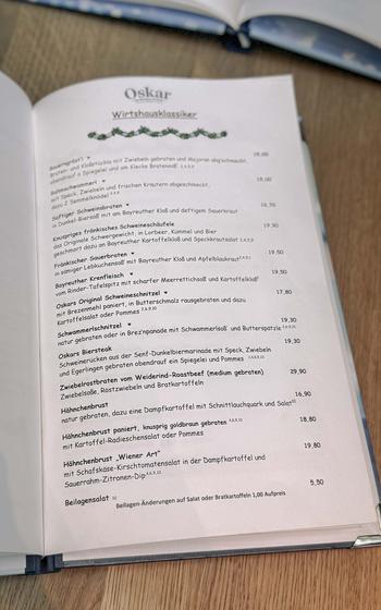 The menu at a restaurant in Bayreuth, Germany, featuring Franconian dishes.
