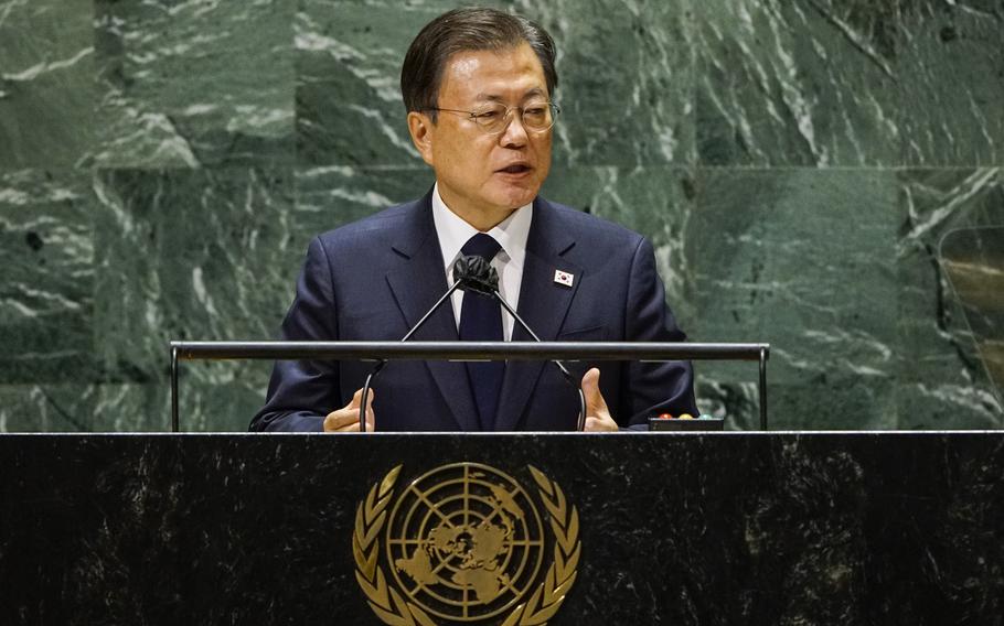 South Korea’s President Moon Jae-in addresses the 76th session of the United Nations General Assembly in a pre-recorded message, Tuesday, Sept. 21, 2021, at UN headquarters.