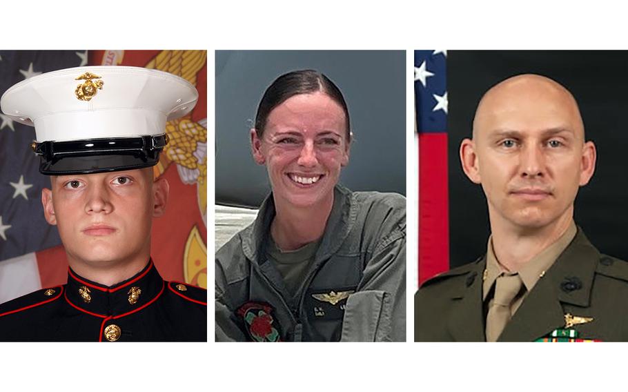 From left, U.S. Marine Corps Cpl. Spencer Collart, 21, of Arlington, Va.; U.S. Marine Corps Capt. Eleanor LeBeau, 29, of Belleville, Ill.; and U.S. Marine Corps Maj. Tobin Lewis, 37, of Jefferson, Colo.