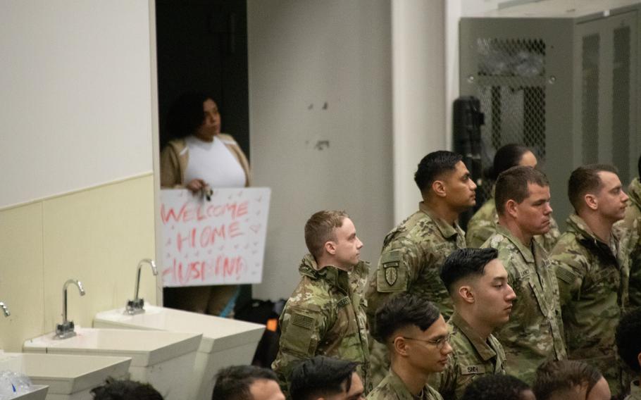 Soldiers from the 98th Support Maintenance Company (SMC), 17th Combat Sustainment Support Battalion (CSSB), 11th Airborne Division, return to Joint Base Elmendorf-Richardson, Alaska, after a nine-month deployment to Europe, Thursday, March 28, 2024. 