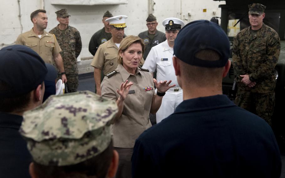 Army Gen. Laura Richardson, commander of Southern Command, speaks July 21, 2023, with sailors aboard the USS New York, a San Antonio-class amphibious transportation dock ship. 
