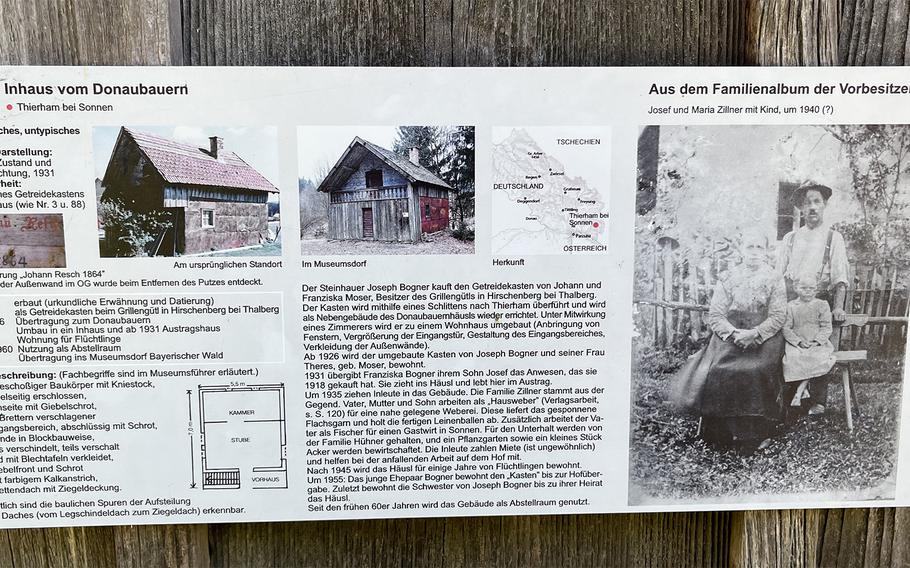 German museum information panel titled “Inhäus vom Donaubauern” (Danube Farmer’s House) from Thierham bei Sonnen, containing historical text, architectural diagrams, photographs of the building and a vintage family photograph.