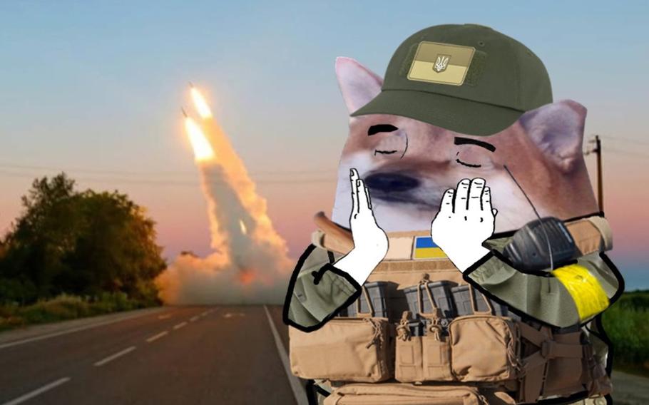 Ukraine's Defense Ministry shared a doctored photograph of a Shiba Inu dog wearing a military uniform, apparently gushing over the site of a missile launch.