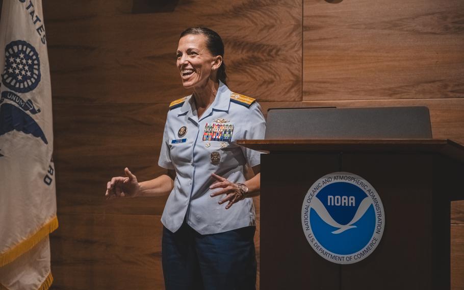 Rear Adm. Jo-Ann Burdian speaks to the audience during a ribbon cutting ceremony on Oct. 11, 2023, . The U.S. Coast Guard stands up a new Marine Environmental Response unit in Honolulu.