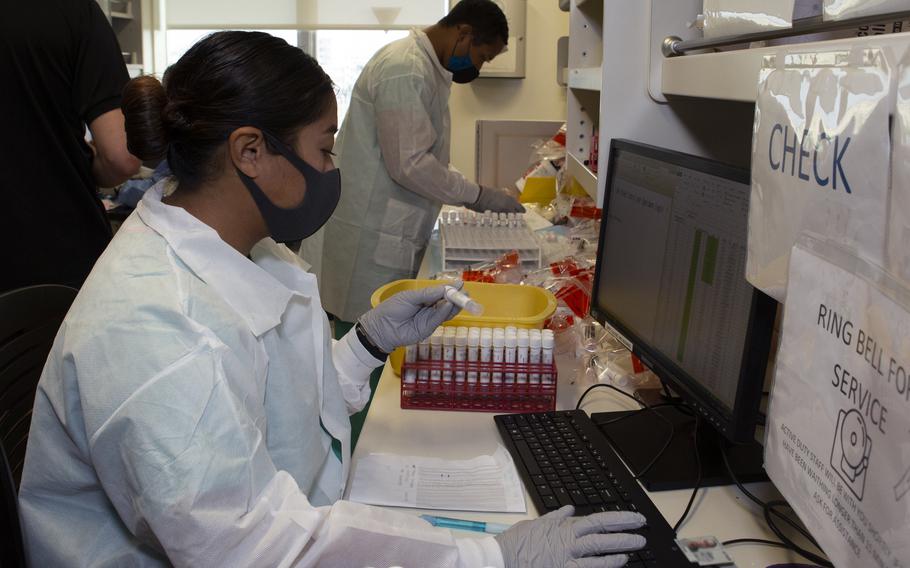 Petty Officer 2nd Class Bridget Greene inventories COVID-19 test samples at U.S. Naval Hospital Okinawa, Aug. 15, 2020.