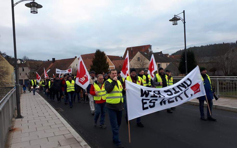 More than 700 German workers took part in a strike near a U.S. military installation in Hohenfels, Germany, on Dec. 7, 2022, according to the union that represents them. They say their pay is not enough to keep up with severe inflation and they are demanding a 9.5% raise.