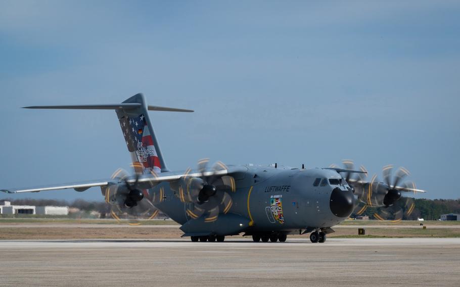 A German Airbus A400M operates at Joint Base Andrews, Md., in early April 2023 during a preview for the Air Defender 2023 exercise, which will be held in Europe in June.  The exercise is billed as the largest demonstration of NATO air power in the alliance's history.
