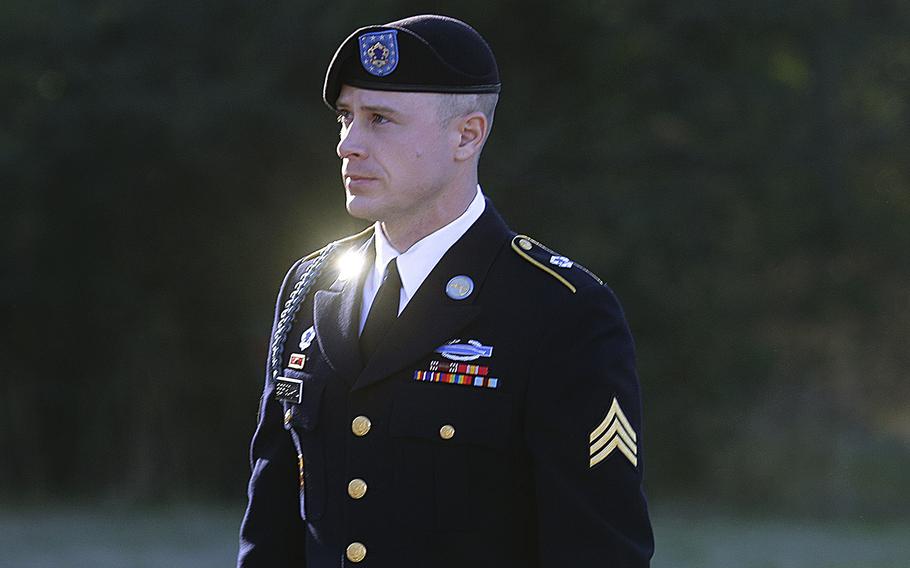 Army Sgt. Bowe Bergdahl arrives for a pretrial hearing Jan. 12, 2016, at Fort Bragg, now Fort Liberty, N.C. Federal prosecutors have asked a judge to reinstate the 2017 court-martial conviction of Bergdahl, a former soldier who pleaded guilty to desertion after he left his post and was captured in Afghanistan and tortured by the Taliban. 