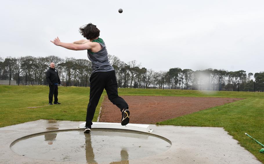 AFNORTH senior Sawyer Kallestad throws during the shot put event Saturday, March 18, 2023 at RAF Lakenheath High School during the track and field season opener. Kallestad had a throw of 32 feet, 4 inches.