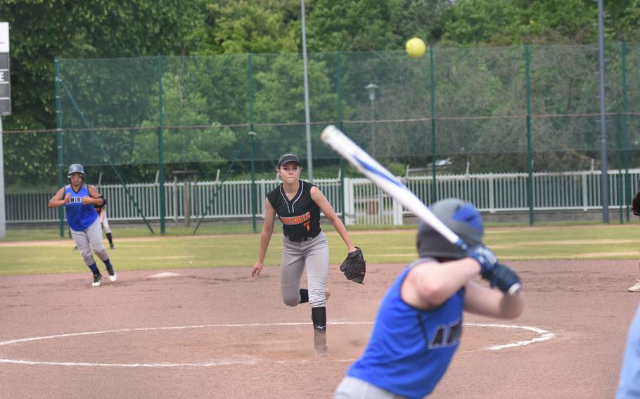 Spangdahlem’s Audrey Hauck tosses a pitch during a first-round game Thursday, May 19, 2022, against Rota in the DODEA-Europe softball tournament at Kaiserslautern High School in Germany. Spangdahlem went on to win 16-12.
 