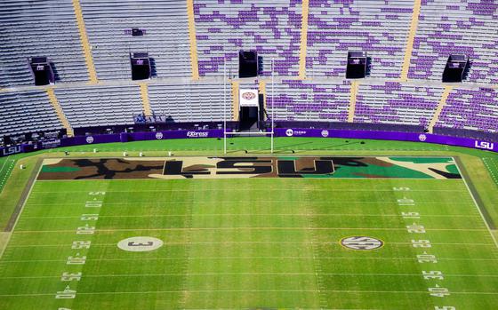 LSU painted the end zones in a camouflage pattern with the LSU logo in the middle in black.
