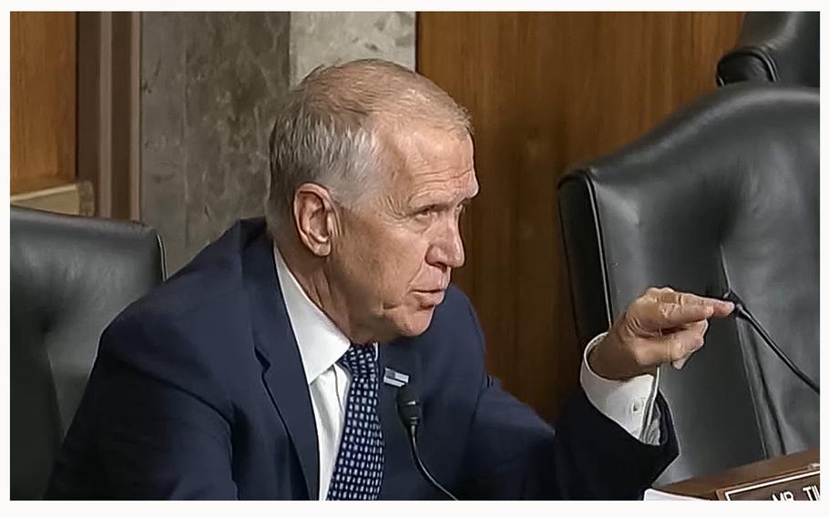 A video screen grab shows Sen. Thom Tillis asking questions on Tuesday, July 30, 2024, during a Senate hearing on Capitol Hill in Washington, D.C., concerning the July 13 assassination attempt on former President Donald Trump.