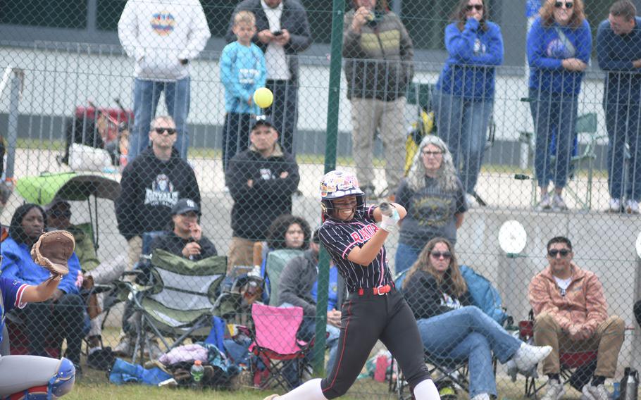 Kaiserslautern's Alessia Garcia fouls off a pitch Friday, May 23, 2025, at the DODEA-Europe Divison I softball championships at Kaiserslautern, Germany.