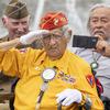Navajo Code Talker Thomas Begay salutes the audience on Thursday, May 8, 2025 in Washington. Begay, born in 1927 near Two Wells, NM, served in the 5th Signal Company, 5th Marine Division; 27th Marine Regiment, 5th Marine Division from September 1943 - July 1946 at Iwo Jima. Friends of the National World War II Memorial and the National Park Service  commemorated the 80th anniversary of the Allied forces victory in the Atlantic and the end of World War II in Europe with a special V-E Day event hosted at the National World War II Memorial  (Eric Kayne/Stars and Stripes)