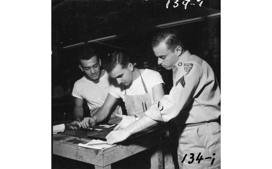 Shel Silverstein, artist (1954-1956), checks a pre-press plate before being printed; along with Pacific Stars and Stripes staff at the Hardy Barracks building. Shel Silverstein worked for Pacific Stars and Stripes as a cartoonist from 1954 - 1956 and drew the cartoon "Take Ten". He would go on to become a successful artist, poet and songwriter. Silverstein is the author of various successful childrens books including the widely popular "The Giving Tree," and composer of a number songs, including "A Boy Named Sue," which became one of Johnny Cash biggest hits. Silverstein died in 1999. 

Looking for Stars and Stripes’ historic coverage? Subscribe to Stars and Stripes’ historic newspaper archive! We have digitized our 1948-1999 European and Pacific editions, as well as several of our WWII editions and made them available online through https://starsandstripes.newspaperarchive.com/

META TAGS: National Poetry Month; Stars and Stripes history; Stars and Stripes personnel; cartoonist; artist; poet; singer-songwriter.