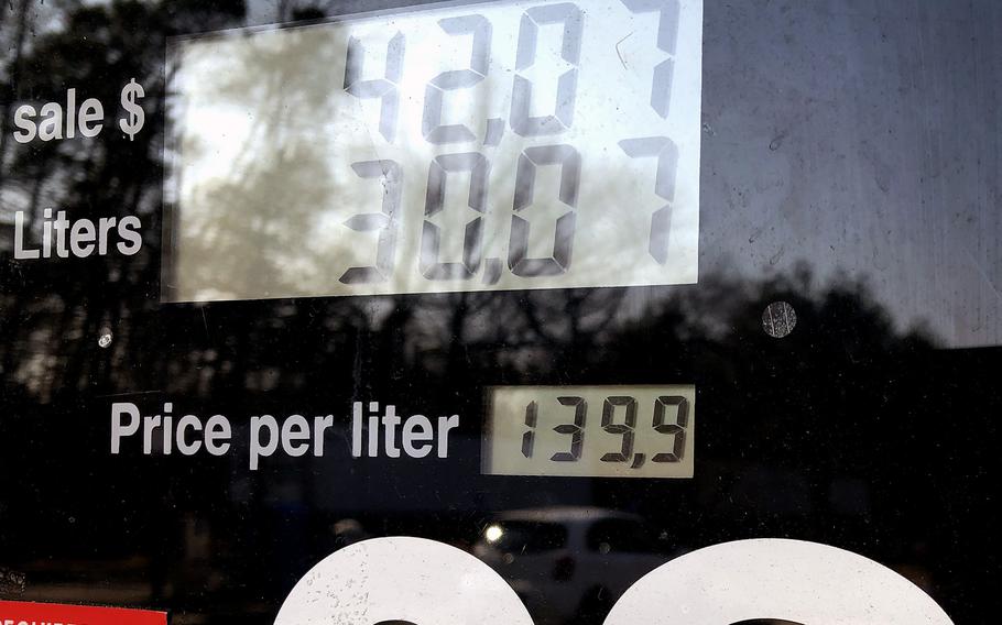 Thirty liters of gas, or about 6.6 gallons, at the Exchange gas station on Ramstein Air Base, Germany, cost $42.07 on Friday, March 11, 2022. Gas prices at U.S. military bases in Germany went up by more than $1 a gallon Friday in the wake of Russias new invasion of Ukraine. Diesel saw the highest climb, topping out at over $6 per gallon.