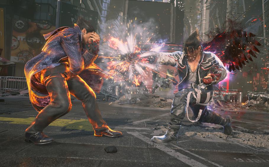 Jin Kazama, right, has to come to grips with his power as he battles his father Kazuya Mishima in Tekken 8.  