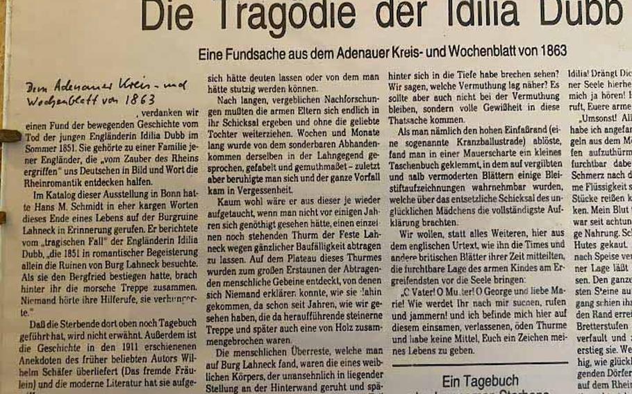 A tour of Burg Lahneck shows a detailed account in German of the tragic death of Idilia Dubb, a 17-year-old Scottish girl who succumbed to starvation after being trapped in the tower of the ruined castle in 1851. 