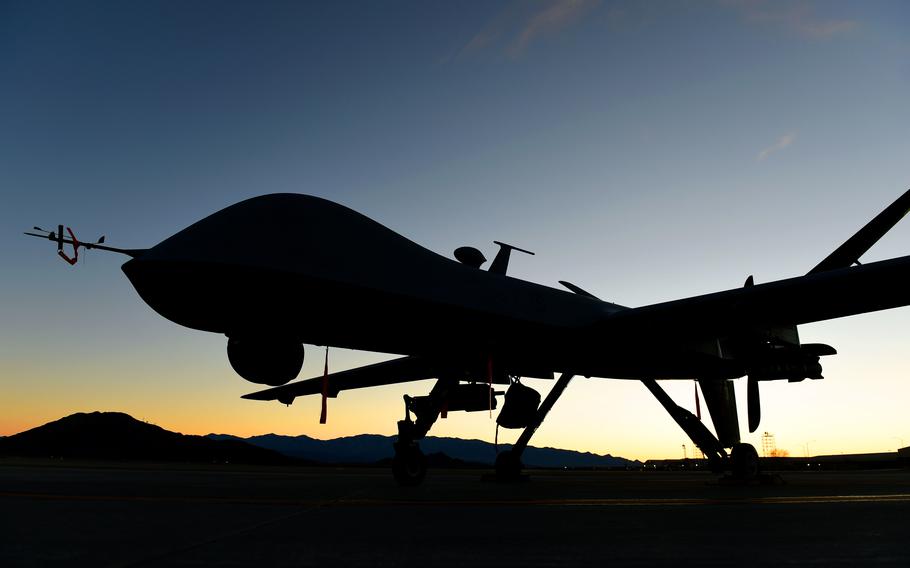 An MQ-9 Reaper sits on the flight line at Creech Air Force Base, Nevada, Dec. 17, 2019. 