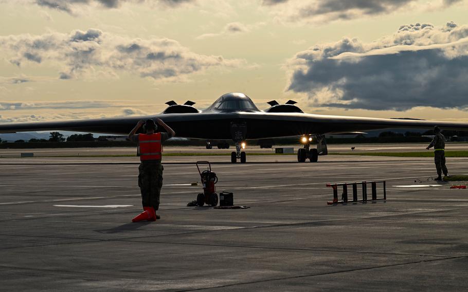 A B-2 Spirit bomber assigned to Whiteman Air Force Base, Mo., taxis into place for a hot-pit refuel at Orland Air Base in Norway on Aug. 29, 2023. 