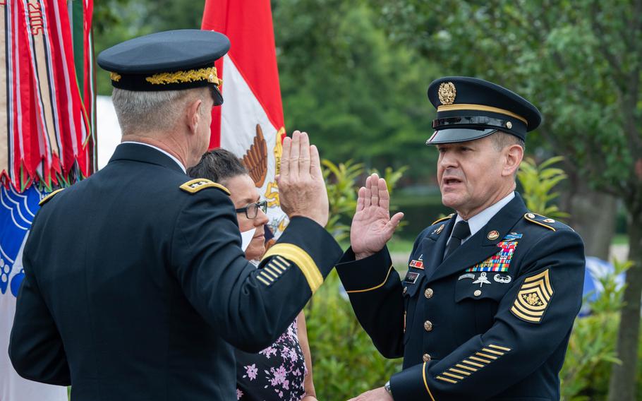 Sgt. Maj. of the U.S. Army Michael R. Weime, swears in as the 17th sergeant major of the Army during the change of responsibility ceremony at Joint Base Myer-Henderson Hall in Arlington, Va., Friday, Aug. 4, 2023.