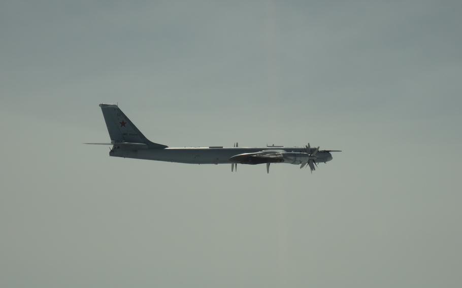 A Russian Tu-95 Bear pictured in June 2020. U.S. fighter jets on Monday, Oct. 17, 2022, intercepted two of the Russian bombers flying in international airspace off the coast of Alaska, U.S. military officials said.