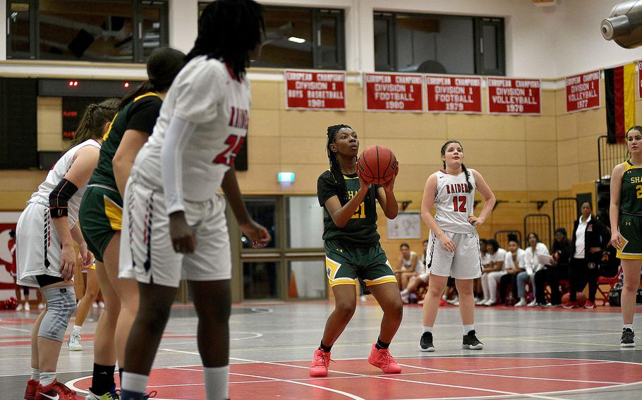 SHAPE's Maddy Canty shoots from the free throw line during a Jan. 12, 2024, game against the Raiders at Kaiserslautern High School in Kaiserslautern, Germany.