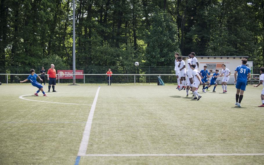 A handball by the Bahrain Falcons lead to a free kick opportunity for the Marymount Royals outside of the 18-yard box during a tough matchup that resulted in a 1-0 win for the Falcons during the Division II DODEA European Championships at Reichenbach-Steegen, Germany on May 20, 2025.