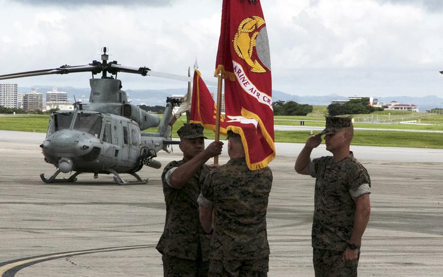 Brig. Gen. Brian Cavanaugh takes command of the 1st Marine Aircraft Wing from Brig. Gen. Christopher McPhillips at Marine Corps Air Station Futenma, Okinawa, Friday, June 11, 2021. 