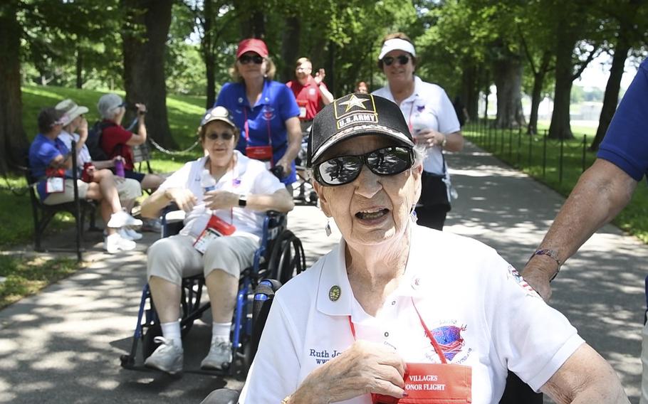 World War II Army veteran Ruth Jones, 97, who served as a surgical technician in the Women’s Army Corps from 1945-1947, leaves the World War II Memorial on the National Mall in Washington, D.C. on Tuesday, May 31, 2022. Jones said when she enlisted in the Army, her name and address had been put in Stars and Stripes because of a contest she took part in to see who could bring in the most newspapers. “Because you salvage them in the war, and I happened to fill the quota of that particular month, and so they put my picture in the Stars and Stripes, and an RAF guy in England saw it, and he started writing to me.” 