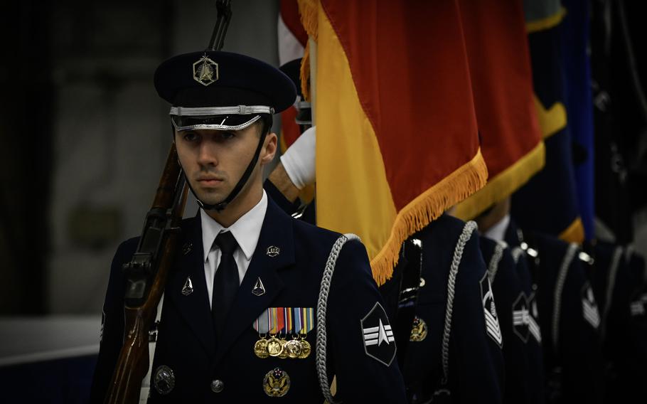 Guardians of the newly established Space Force Honor Guard present the colors during the U.S. Space Forces Europe and Africa activation ceremony Dec. 8, 2023, at Ramstein Air Base, Germany.