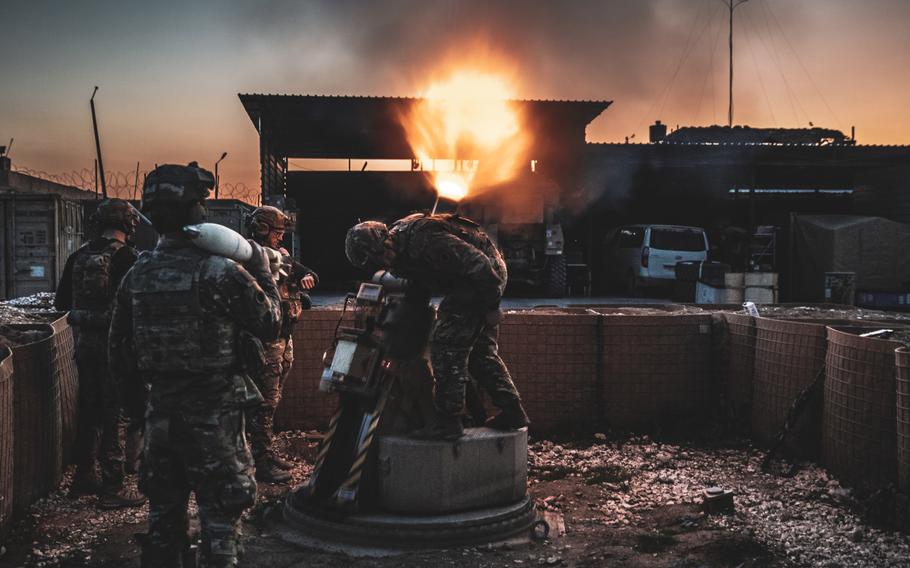 Coalition forces fire 120mm illumination rounds using an XM905 Advanced Mortar Protection System from a fire base in the al-Shadaddi region of Syria on Feb. 14, 2023. 