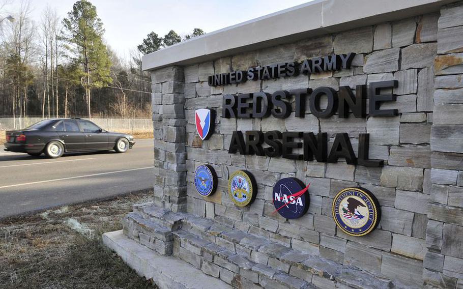 The gate at Redstone Arsenal in Alabama. The Air Force’s plan to move U.S. Space Command headquarters to Huntsville’s Redstone Arsenal has faced challenges.